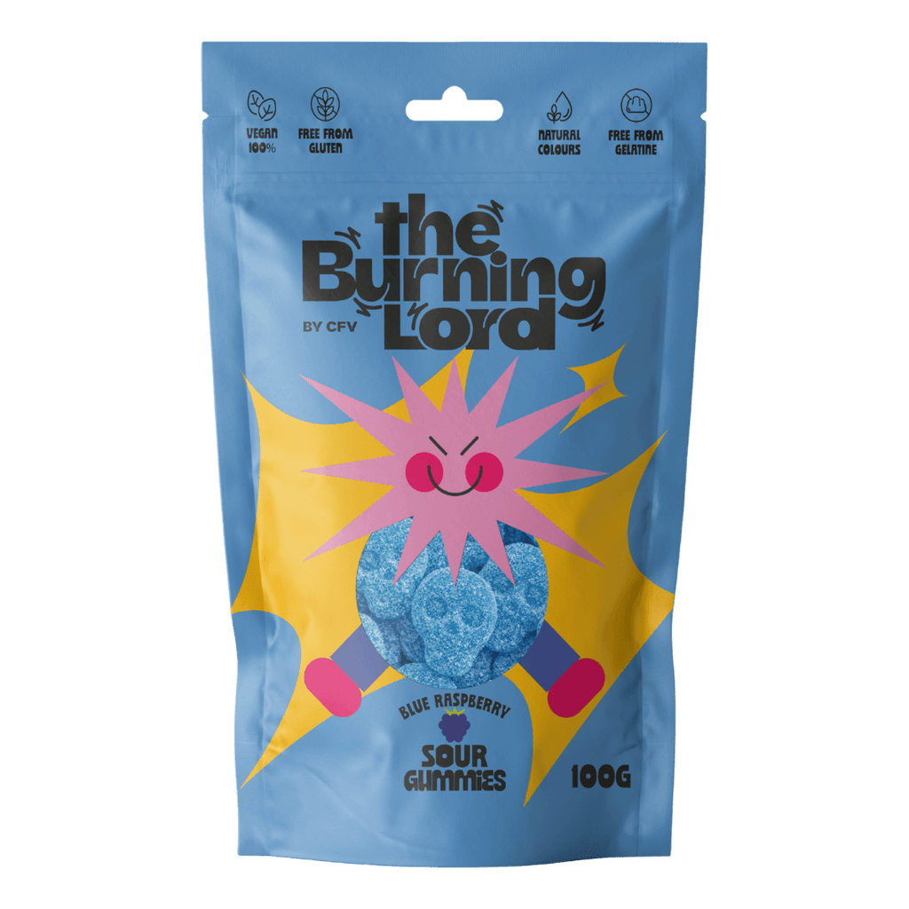 Bolsa de Sour Gummies Raspberry 100g de The Burning Lord, chuches ácidas de frambuesa azul veganas y sin gluten