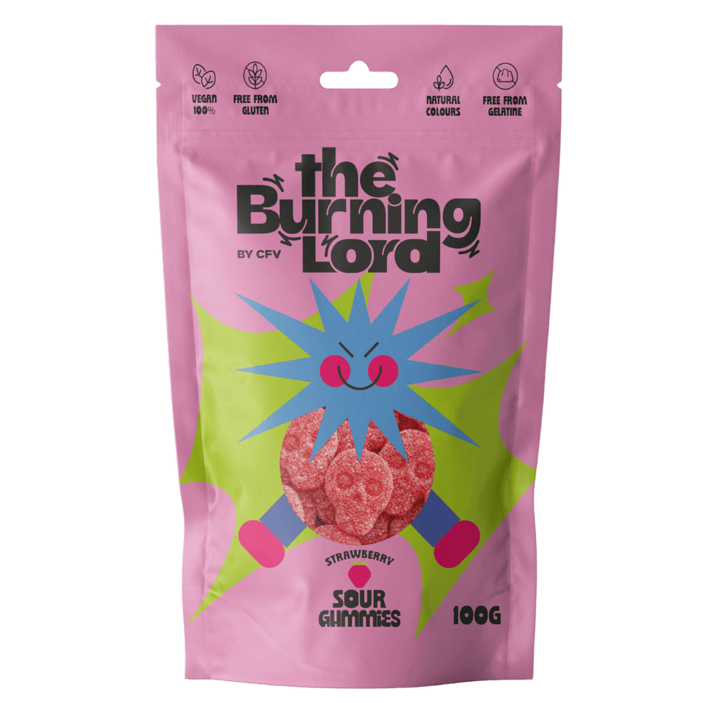 Bolsa de Sour Gummies Strawberry 100g de The Burning Lord, chuches ácidas de fresa veganas y sin gluten