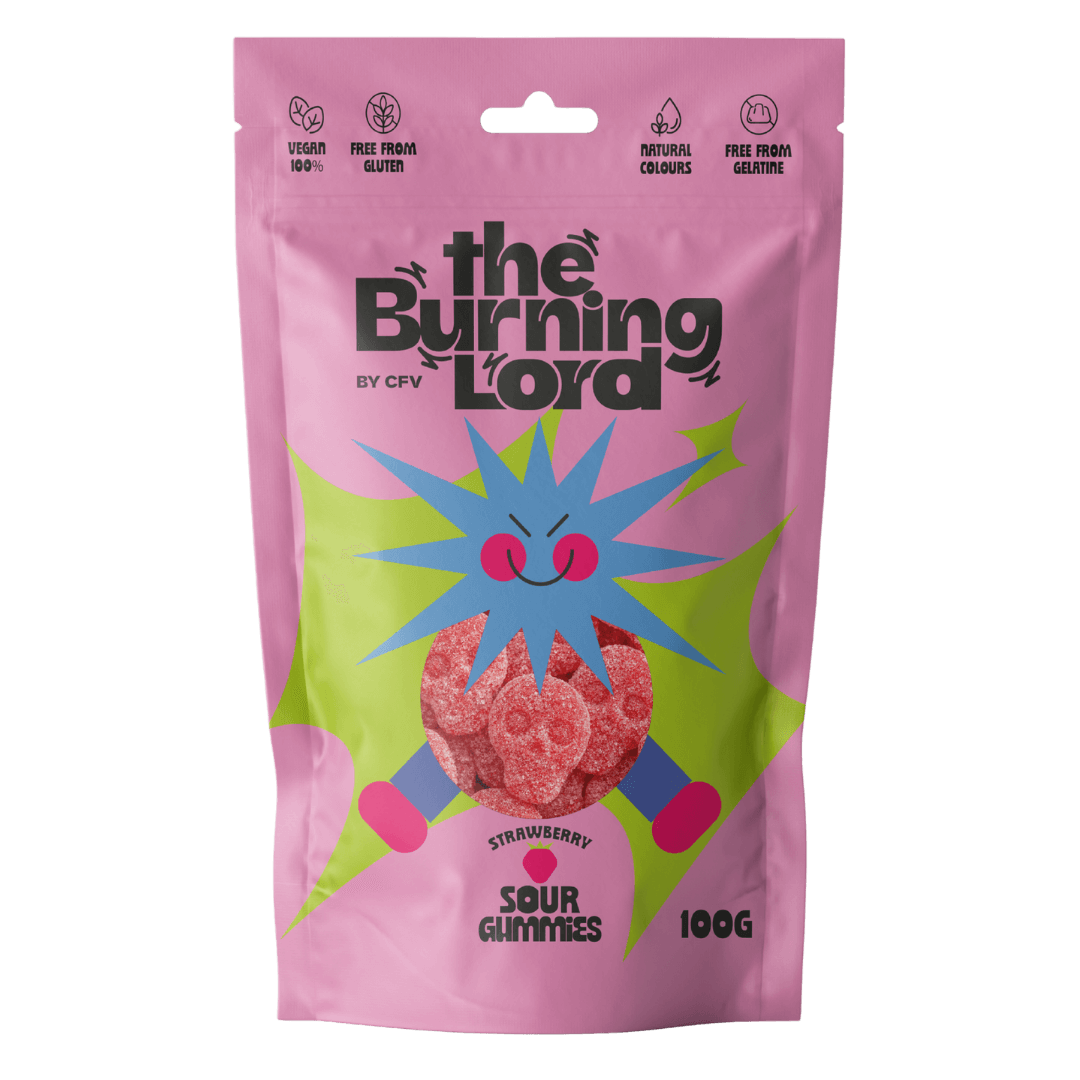 Bolsa de Sour Gummies Strawberry 100g de The Burning Lord, chuches ácidas de fresa veganas y sin gluten
