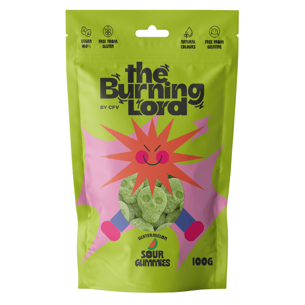 Bolsa de Sour Gummies Watermelon 100g de The Burning Lord, chuches ácidas de sandía veganas y sin gluten