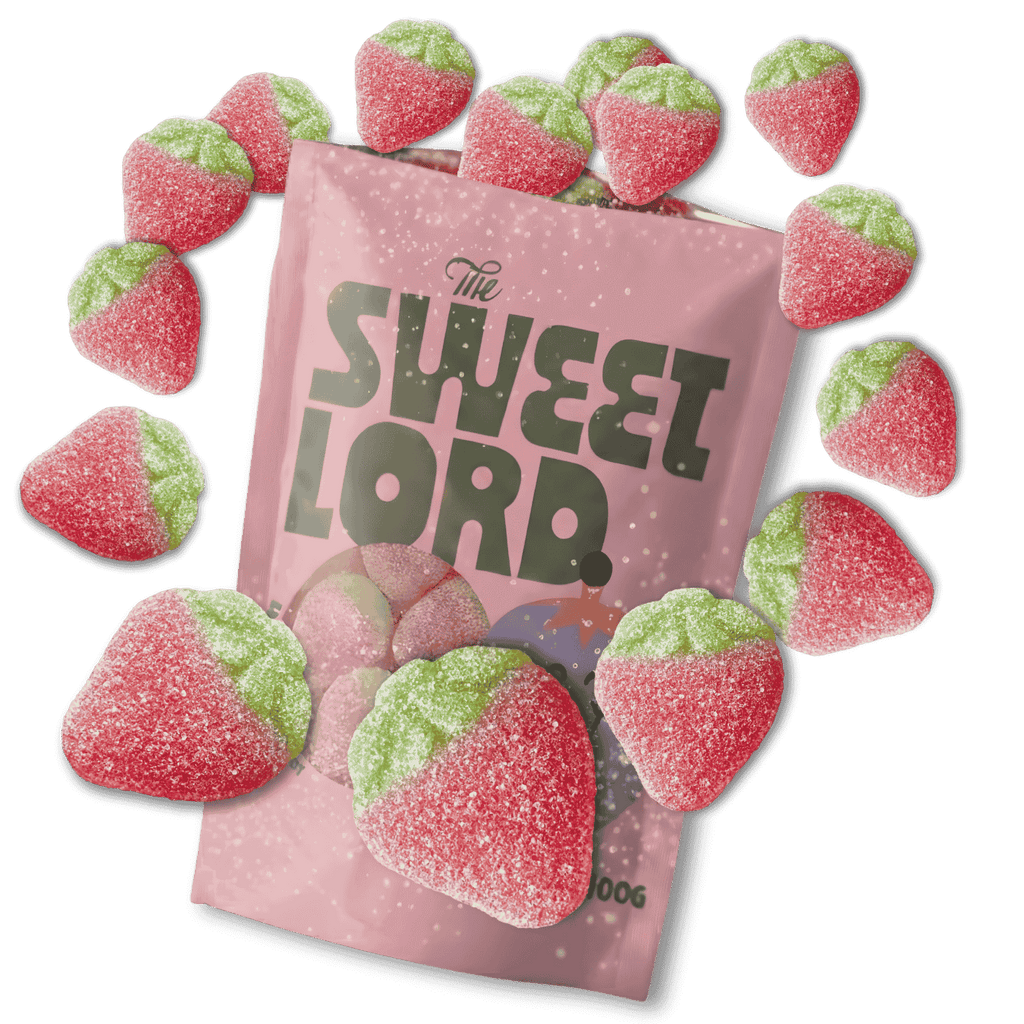 Gominolas de fresa Sugared Strawberry rebozadas en azúcar, 100g The Sweet Lord, veganas y sin gelatina