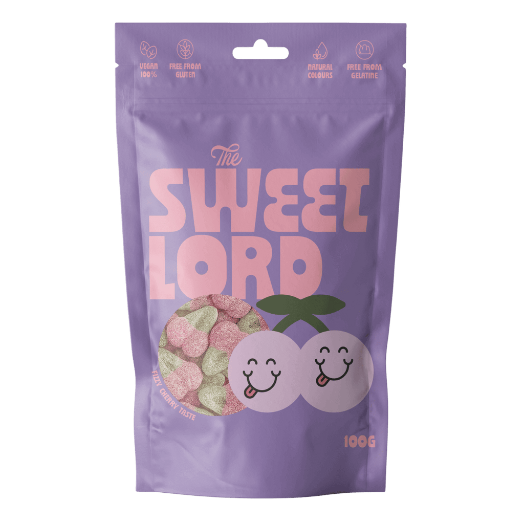 Bolsa de gominolas Fizzy Cherry 100g de The Sweet Lord, chuches de cereza veganas, sin gluten ni gelatina