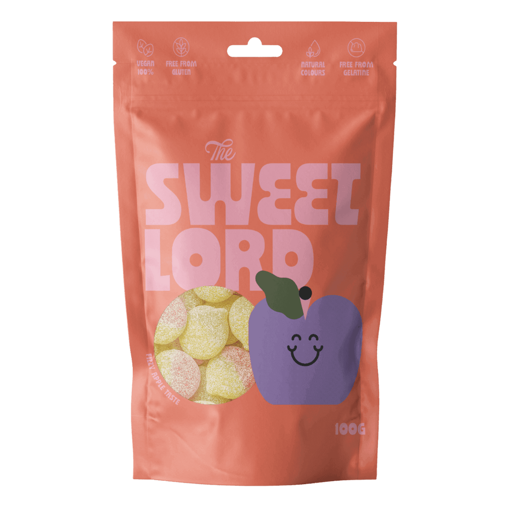 Bolsa de gominolas Fizzy Apple 100g de The Sweet Lord, chuches de manzana veganas, sin gluten ni gelatina