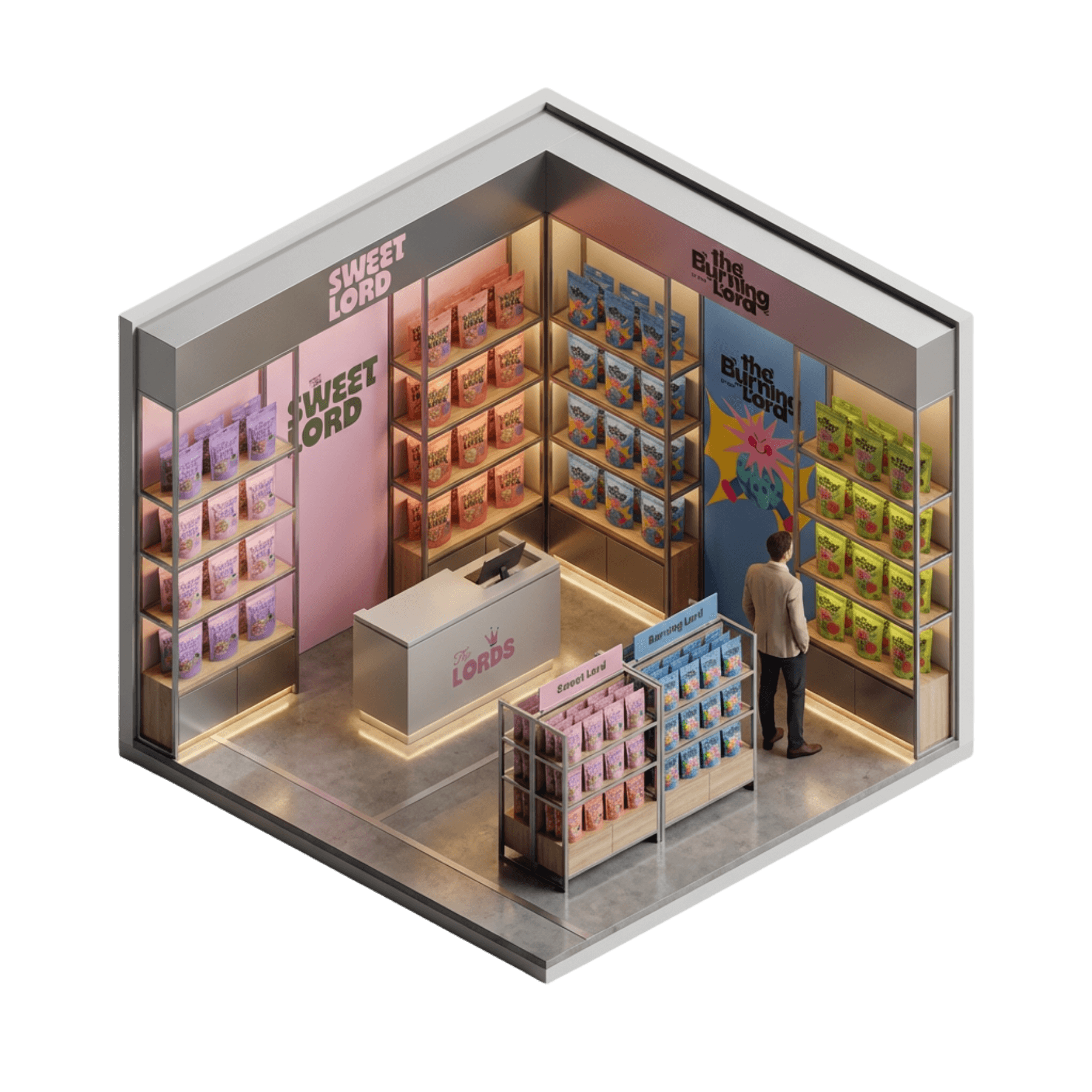Interior de tienda de golosinas con surtido completo de The Lords para venta al por mayor