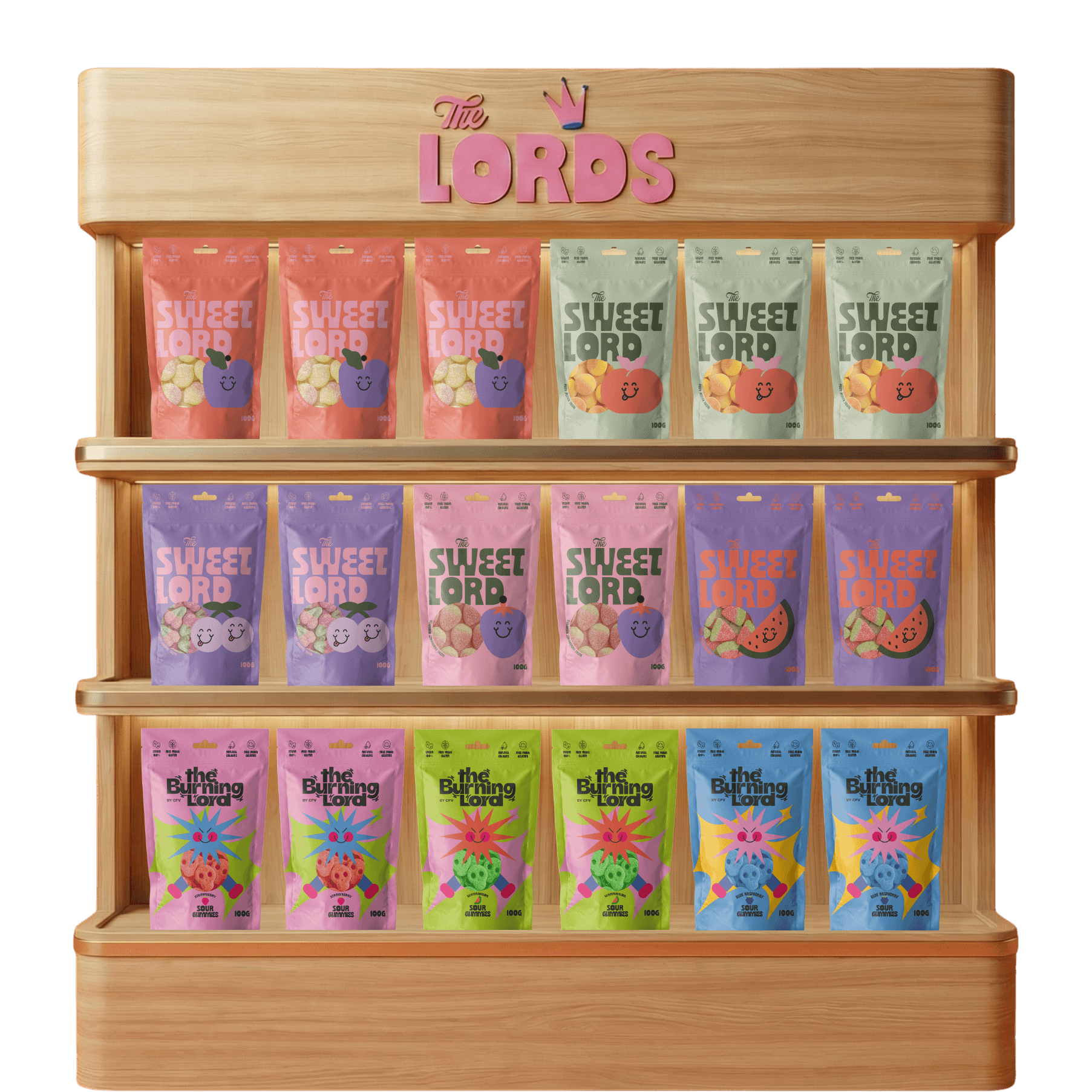 Expositor de golosinas The Lords para venta de chuches al por mayor y distribución a tiendas.